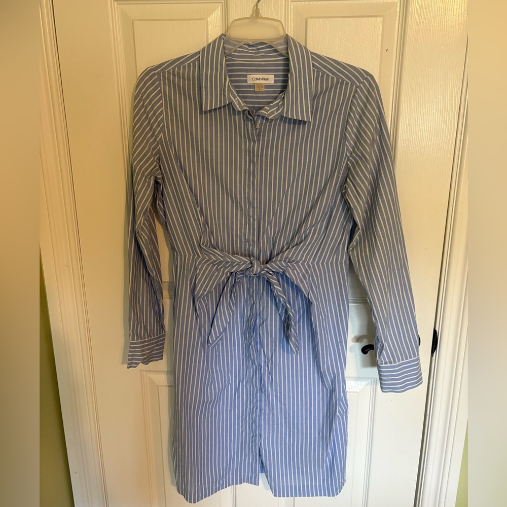 Calvin Klein Blue and White Long Sleeve Shirt Dress